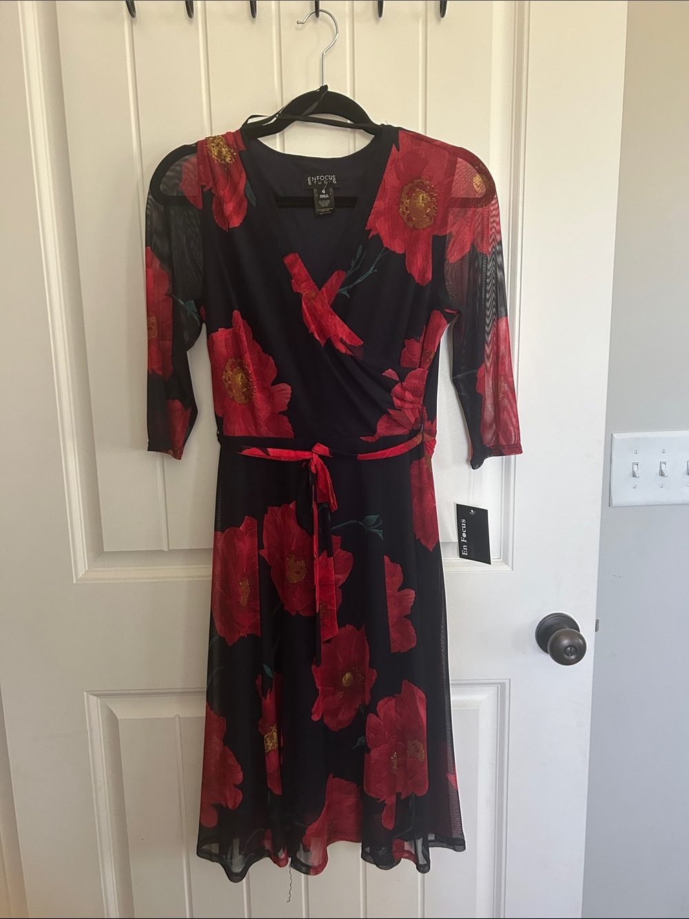Enfocus Studio Black Dress with Red Floral Print and Tie Waist
